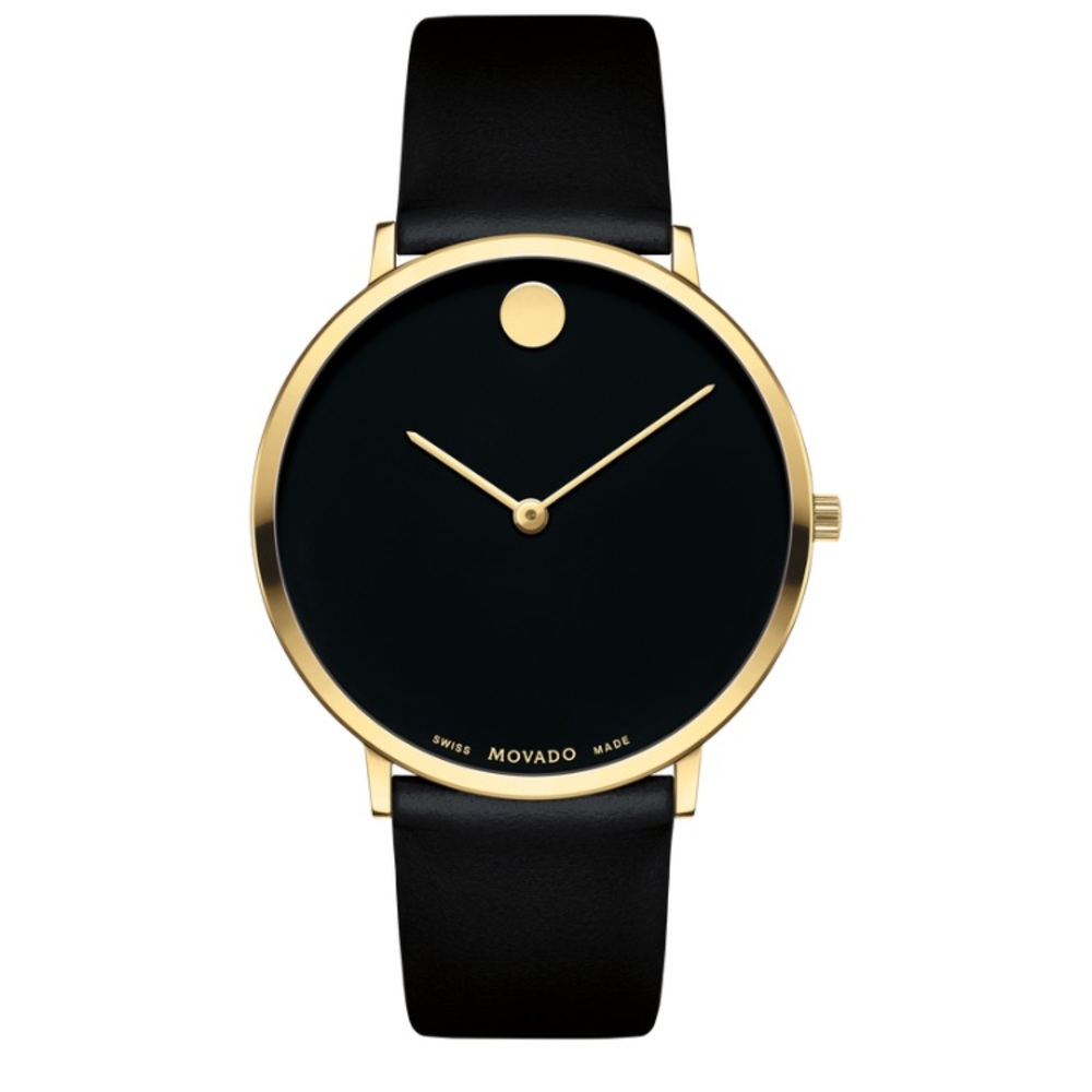 Movado watch 38 mm band smooth black leather strap